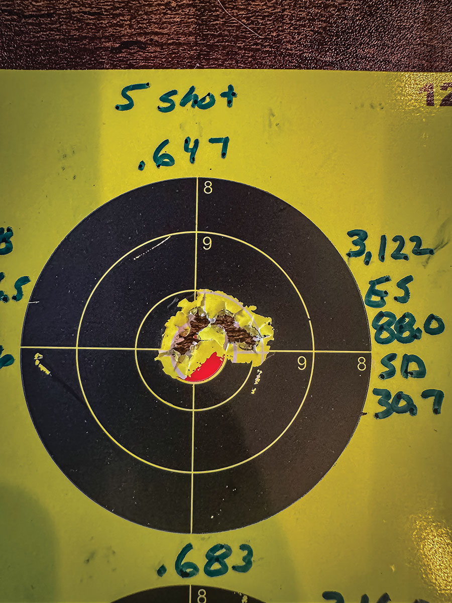 The target for the Hornady 35-grain V-MAX factory ammunition is shown here with the best group measured .647 inch for five shots.
